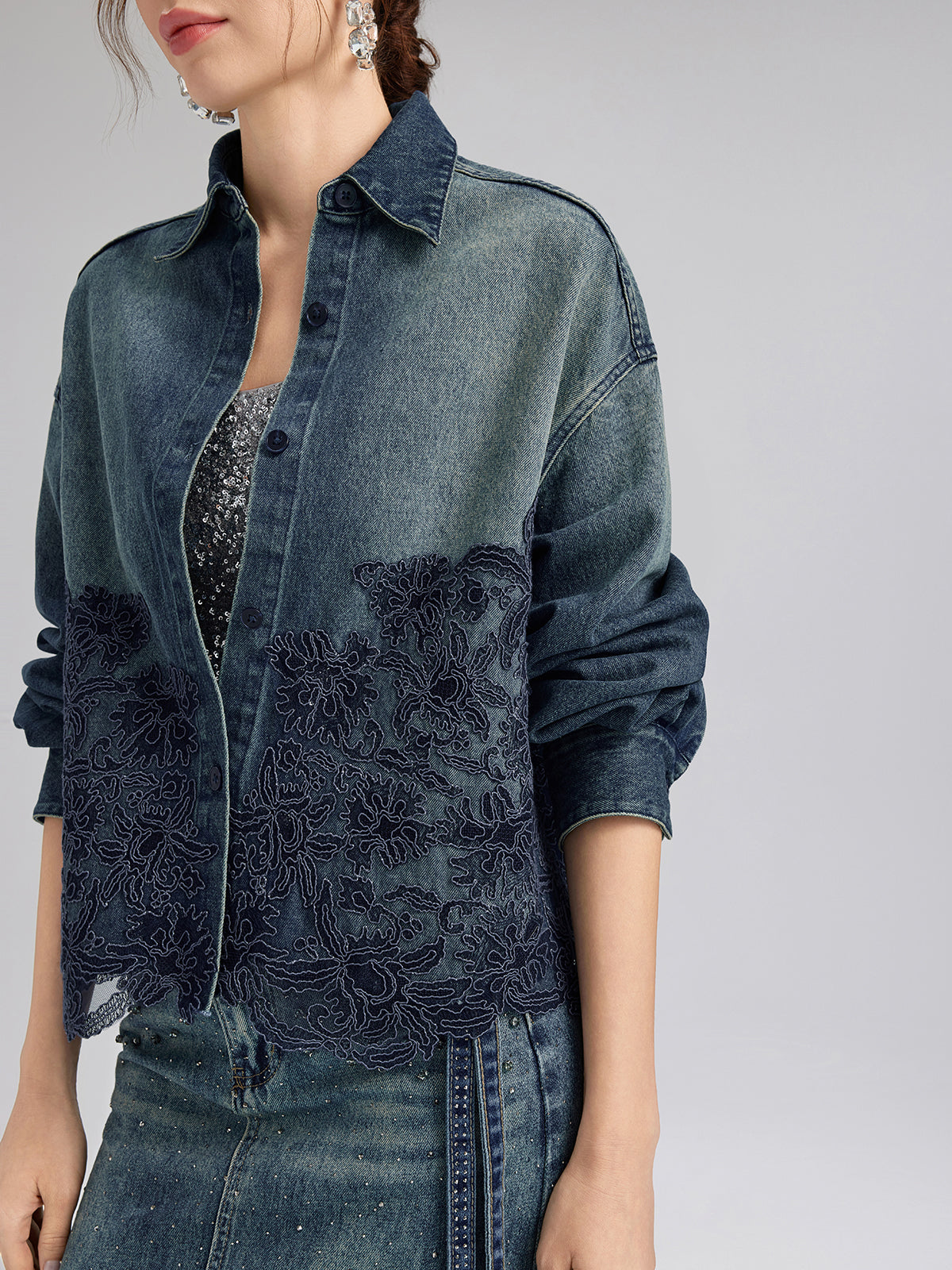Lace-Paneled Cotton Denim Jacket