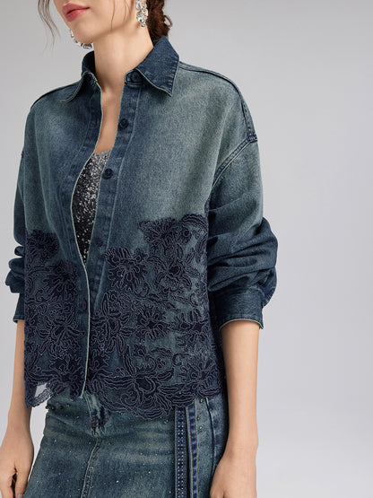 Lace-Paneled Cotton Denim Jacket