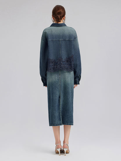 Lace-Paneled Cotton Denim Jacket