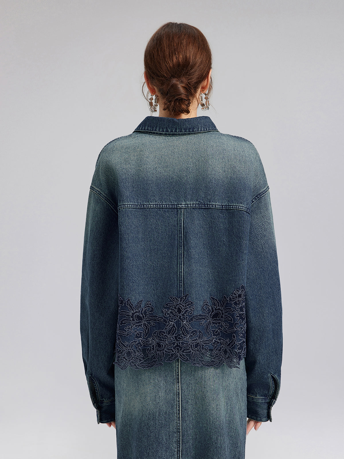 Lace-Paneled Cotton Denim Jacket