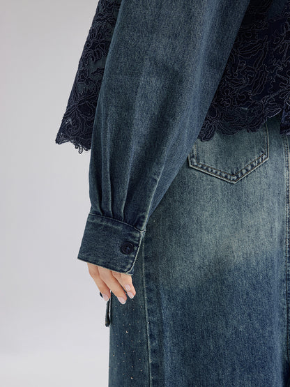 Lace-Paneled Cotton Denim Jacket