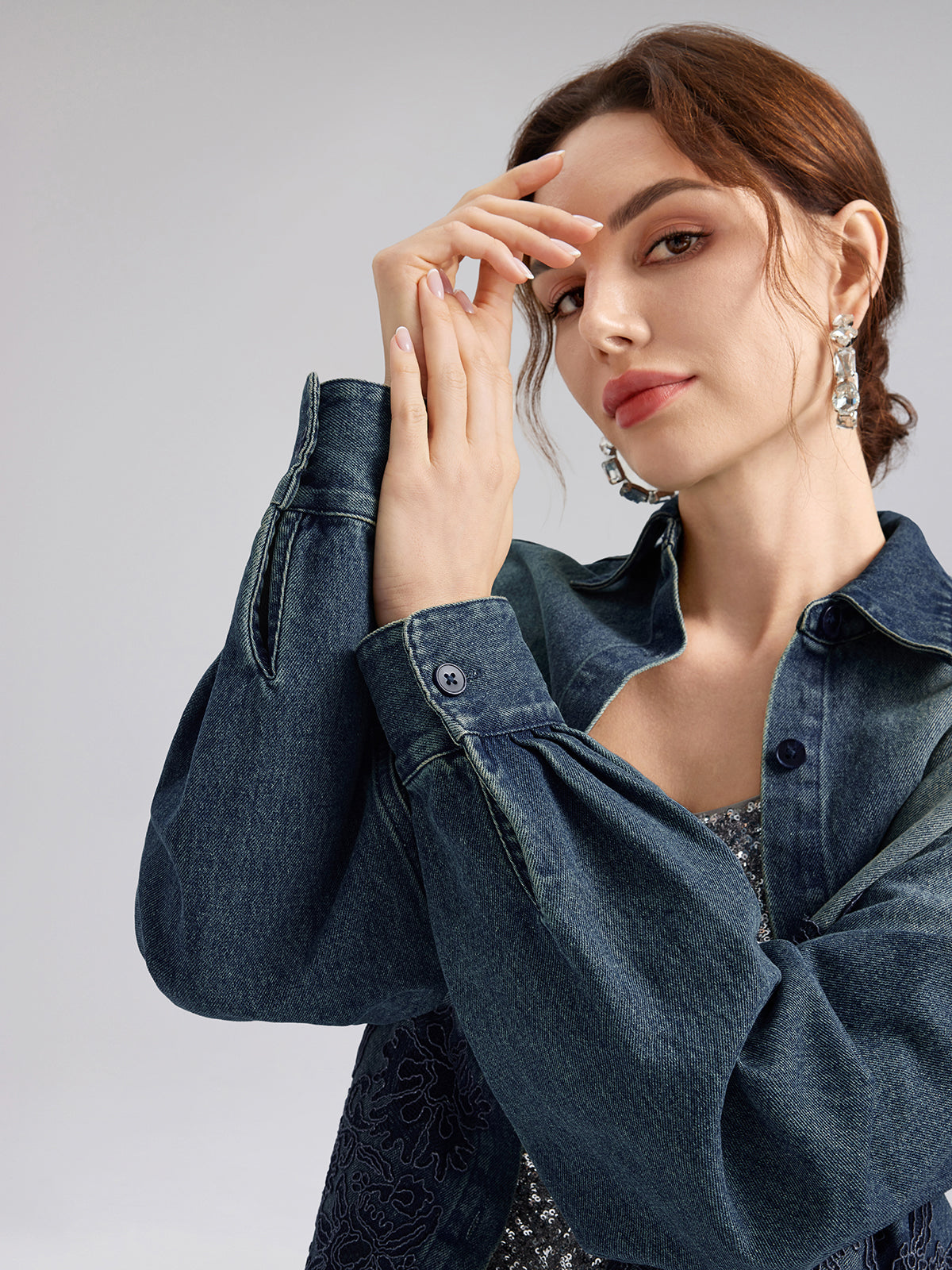 Lace-Paneled Cotton Denim Jacket