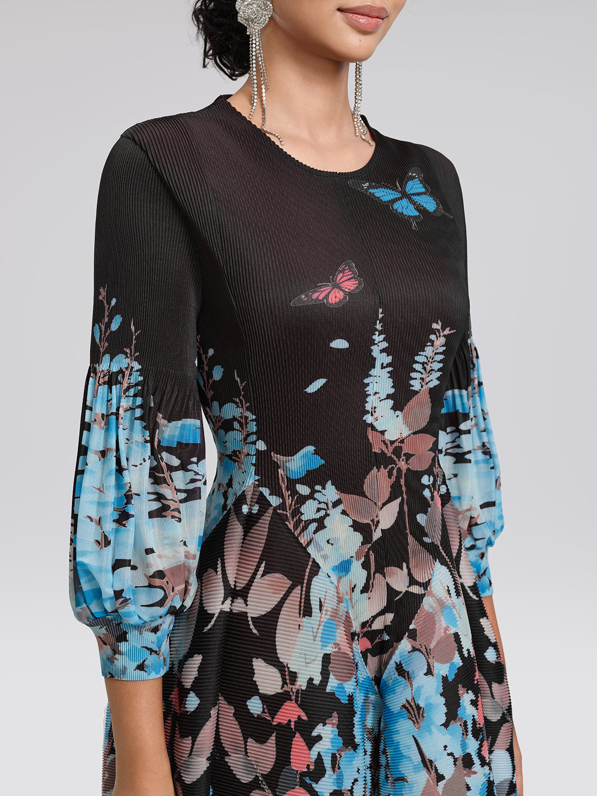 Pleated Printed Lantern-Sleeve Dress