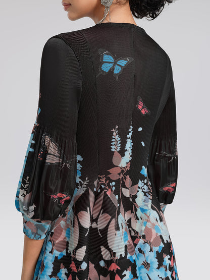 Pleated Printed Lantern-Sleeve Dress
