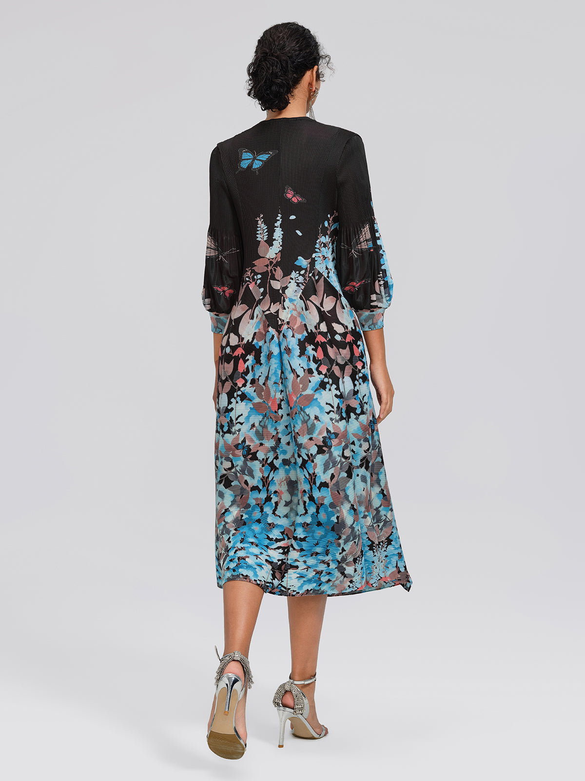 Pleated Printed Lantern-Sleeve Dress