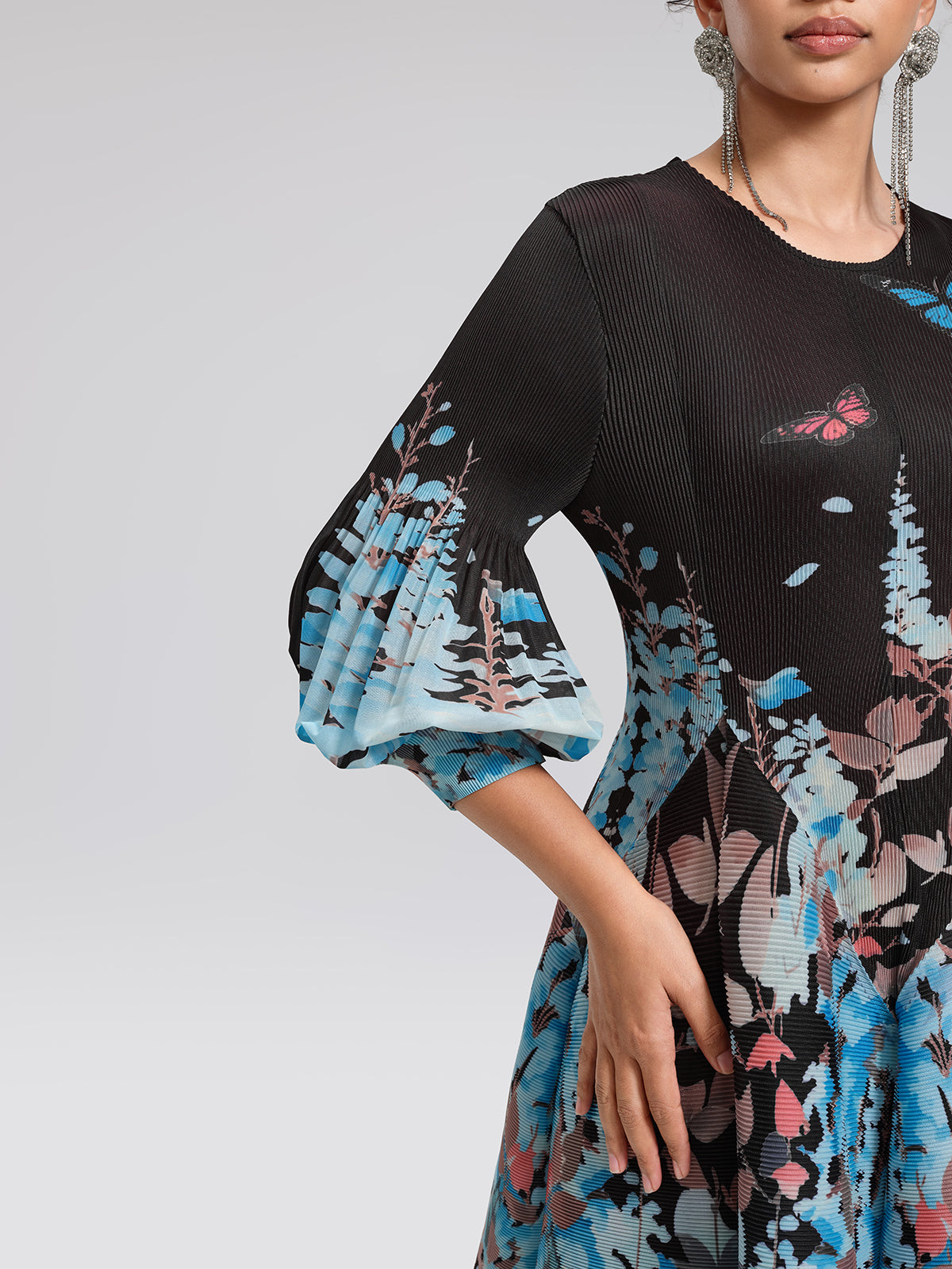 Pleated Printed Lantern-Sleeve Dress