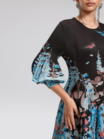 Pleated Printed Lantern-Sleeve Dress