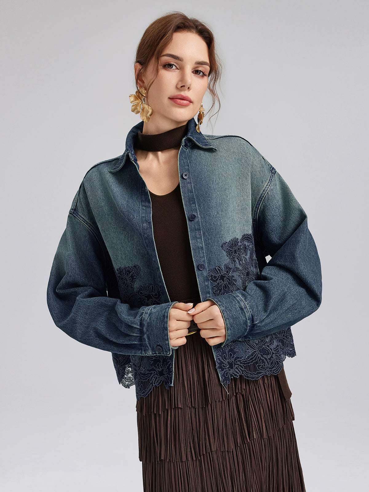 Final Sale | Lace-Paneled Cotton Denim Jacket