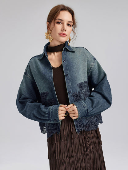 Lace-Paneled Cotton Denim Jacket
