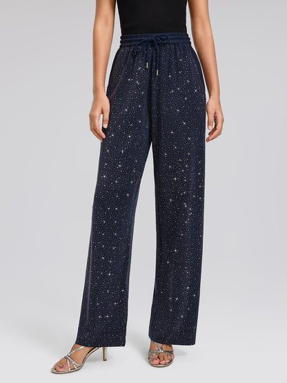 Navy Rhinestones Knit Drawstring Wide-Leg Pants