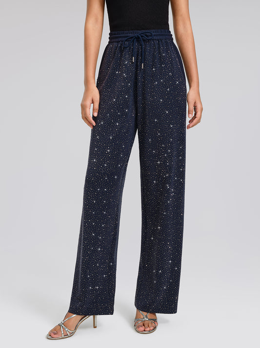Navy Rhinestones Knit Drawstring Wide-Leg Pants
