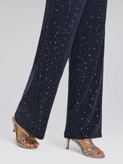 Navy Rhinestones Knit Drawstring Wide-Leg Pants