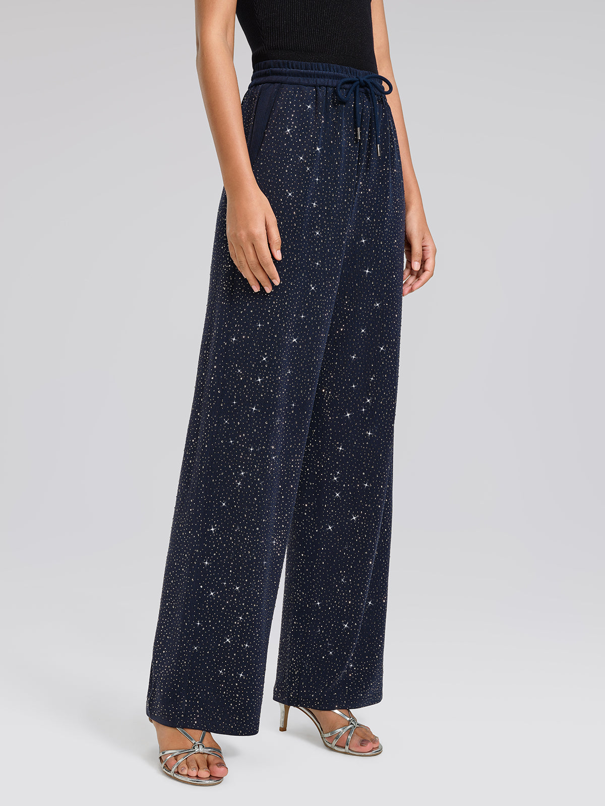 Navy Rhinestones Knit Drawstring Wide-Leg Pants