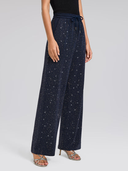 Navy Rhinestones Knit Drawstring Wide-Leg Pants