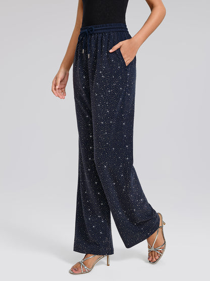 Navy Rhinestones Knit Drawstring Wide-Leg Pants