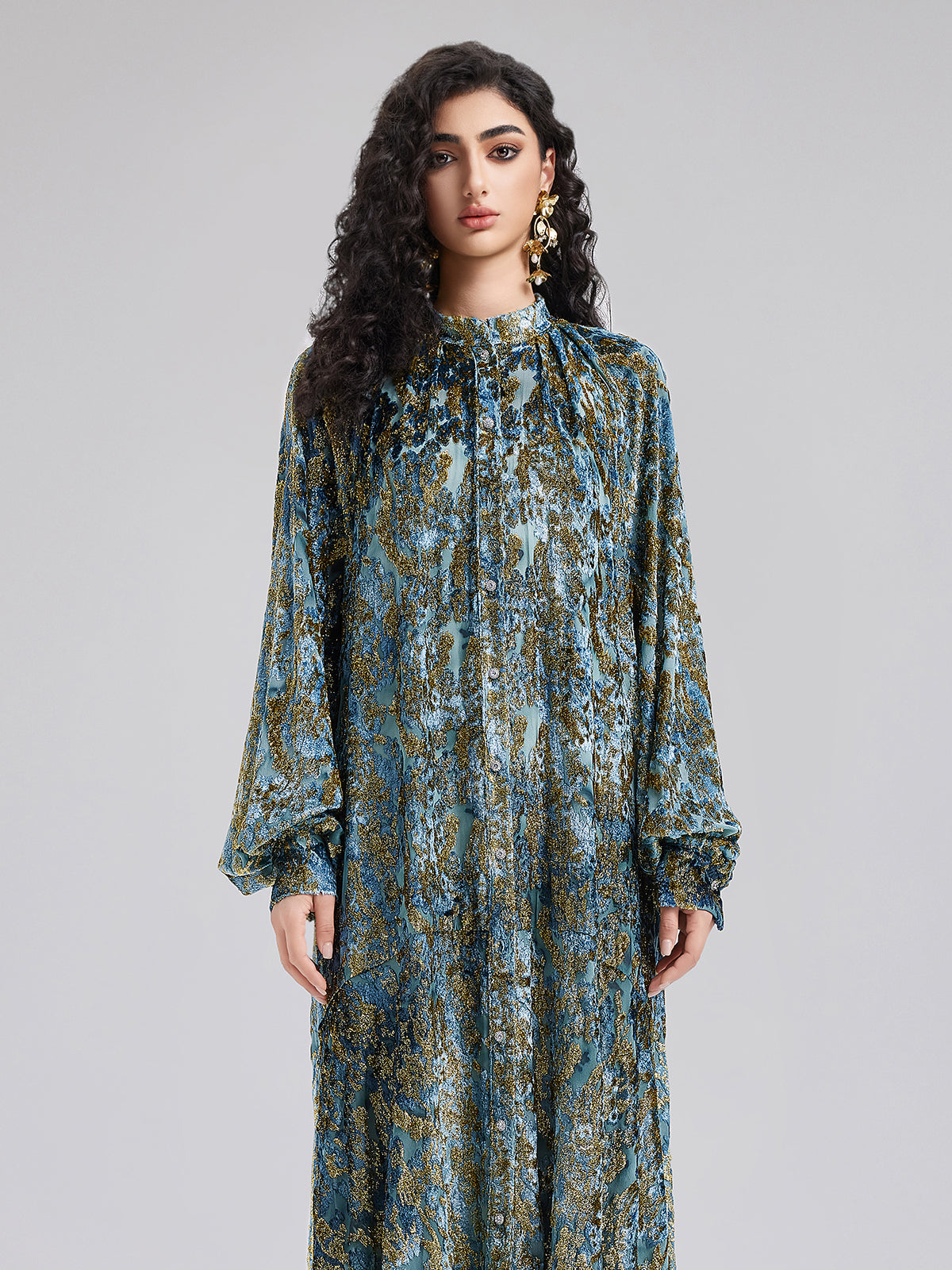 Gold Burnt Floral Velvet Stand Collar Dress