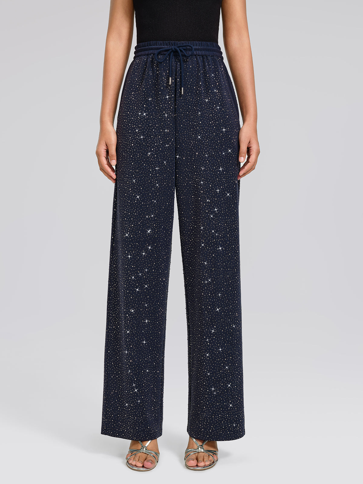 Navy Rhinestones Knit Drawstring Wide-Leg Pants
