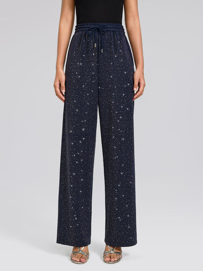 Navy Rhinestones Knit Drawstring Wide-Leg Pants
