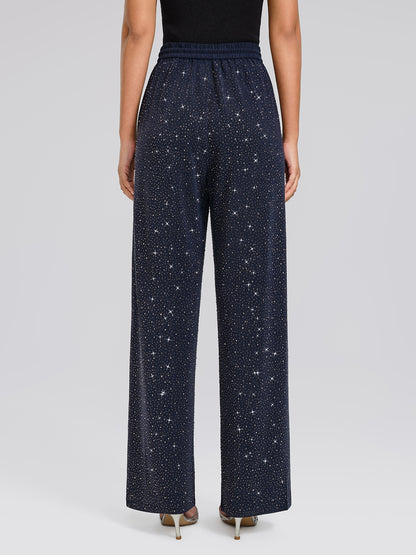 Navy Rhinestones Knit Drawstring Wide-Leg Pants