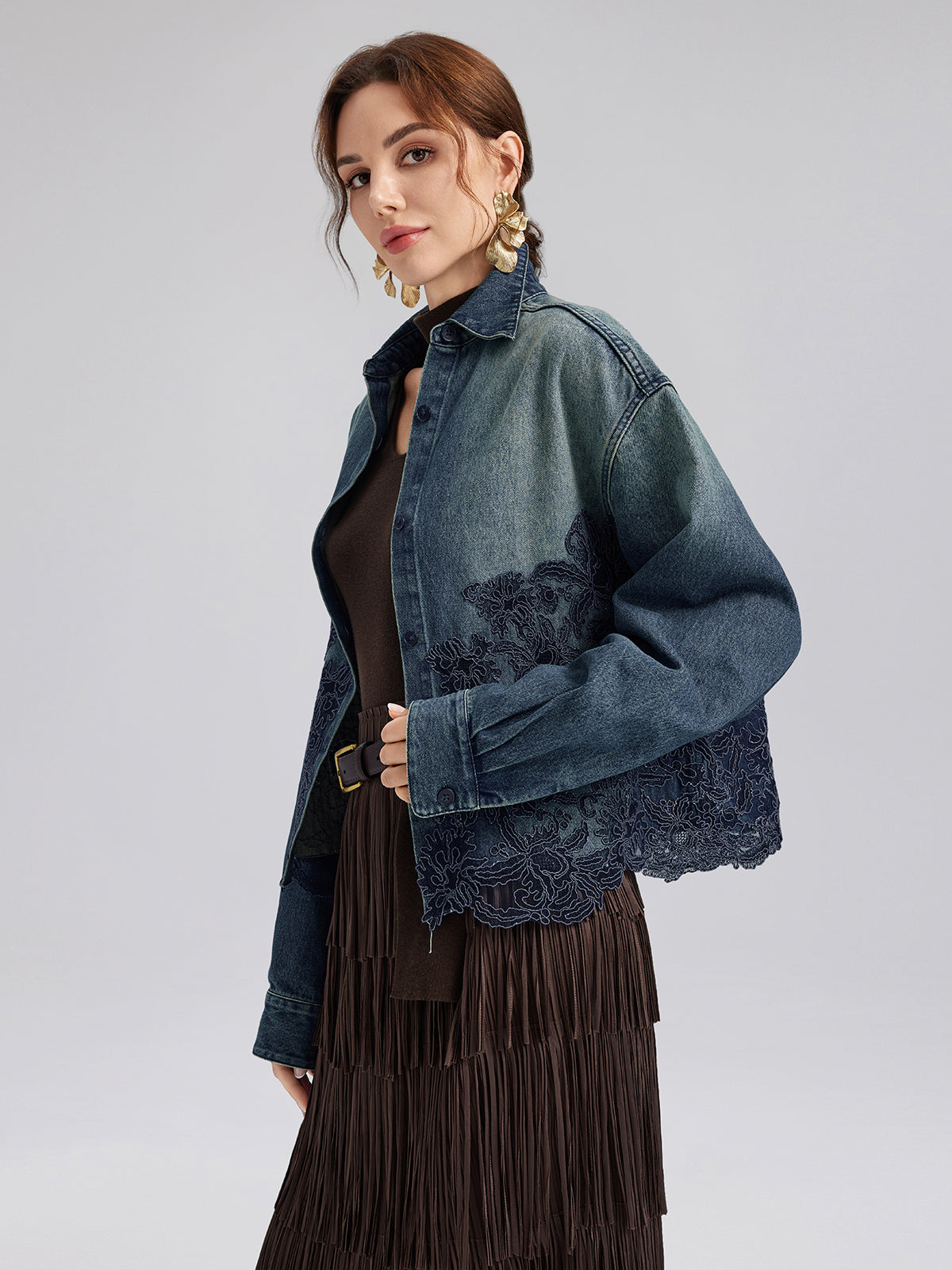 Lace-Paneled Cotton Denim Jacket
