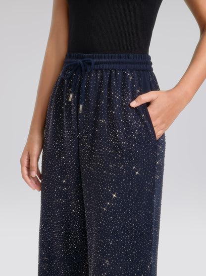 Navy Rhinestones Knit Drawstring Wide-Leg Pants