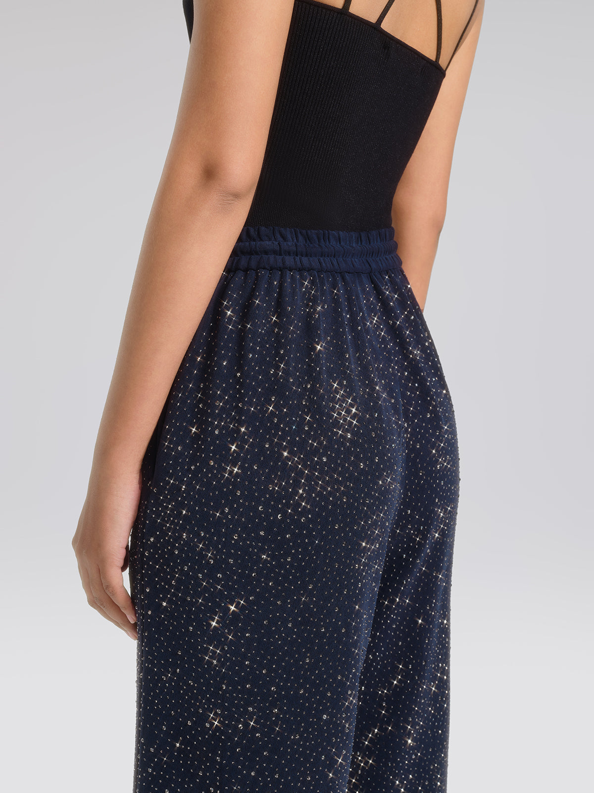 Navy Rhinestones Knit Drawstring Wide-Leg Pants