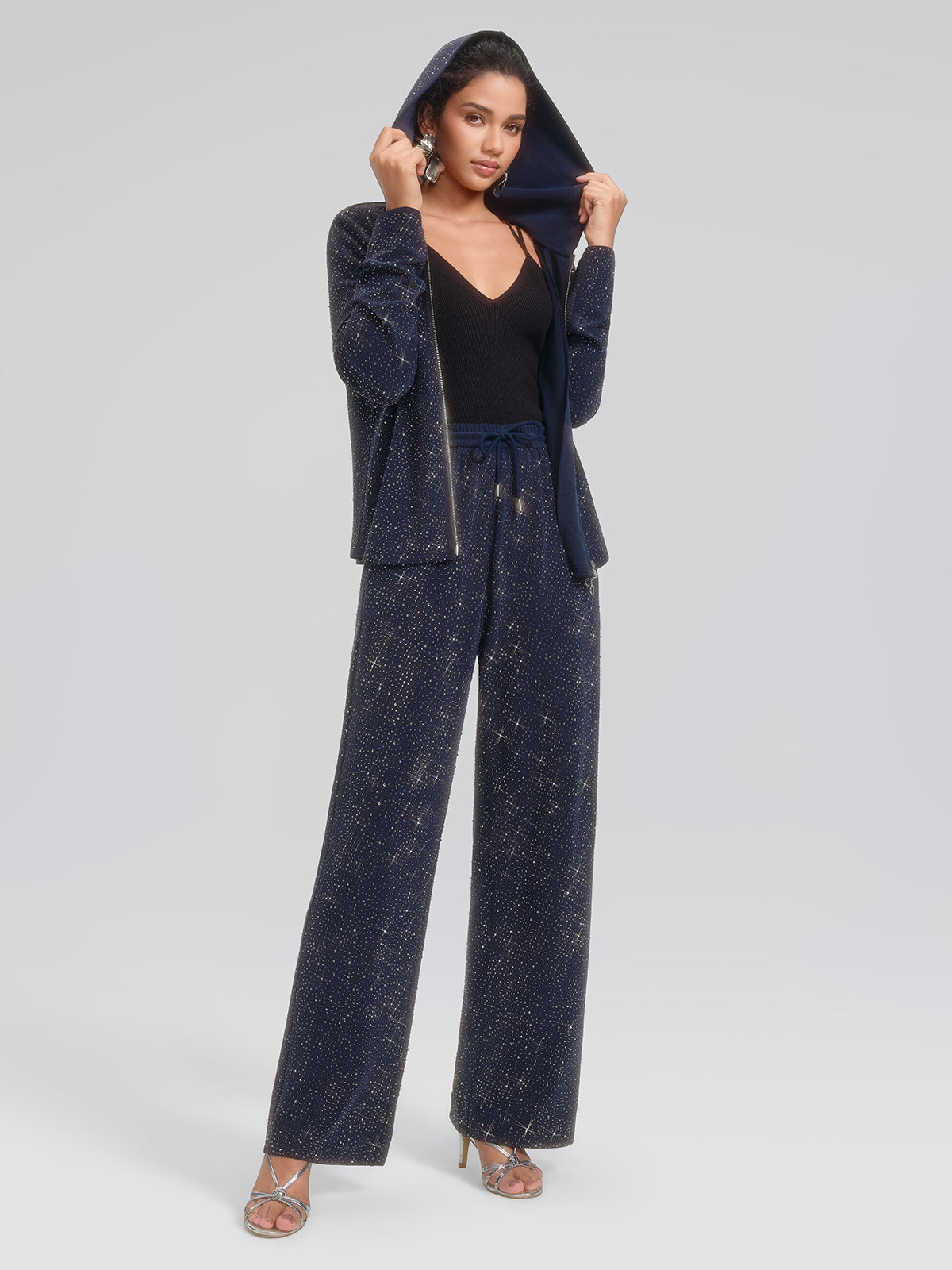 Navy Rhinestones Knit Drawstring Wide-Leg Pants