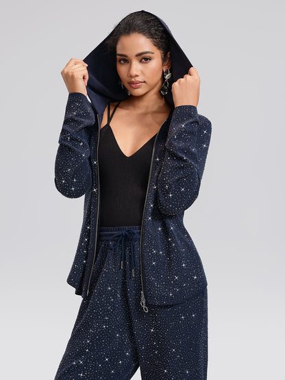 Rhinestones Knit Relaxed Hooded Jacket