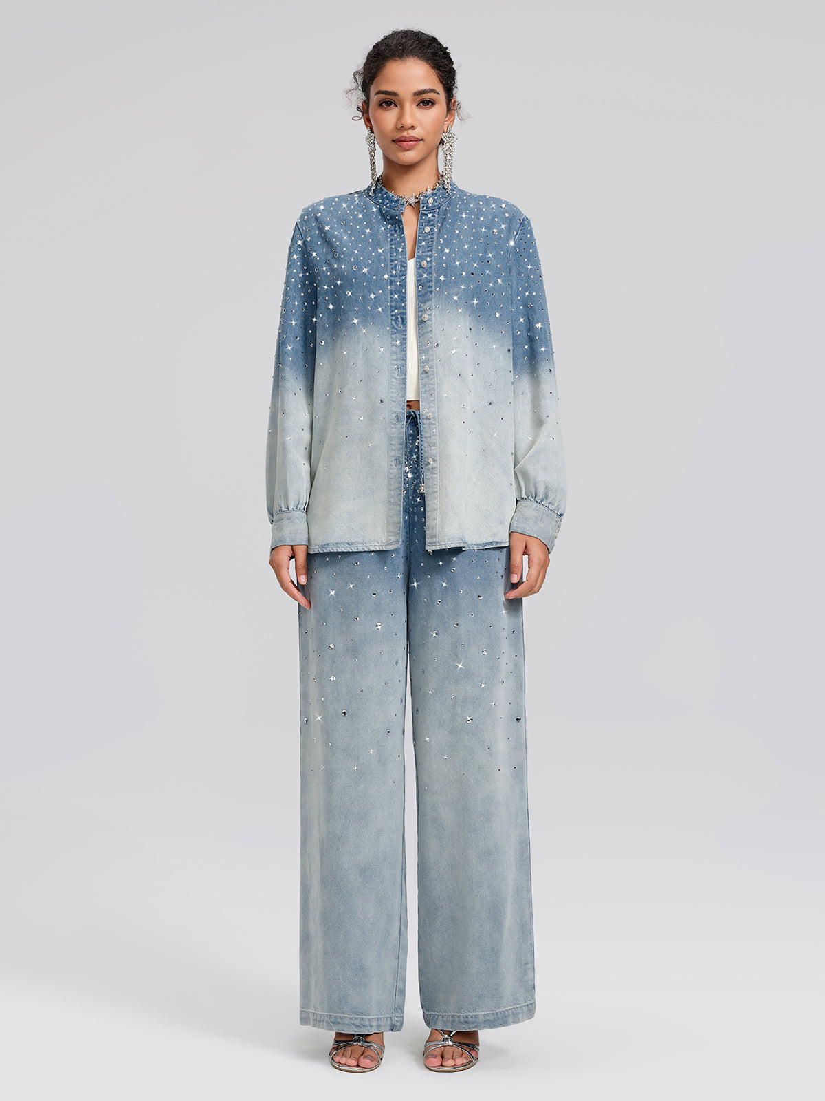 Ombre Washed Rhinestone Stand-Collar Denim Jacket