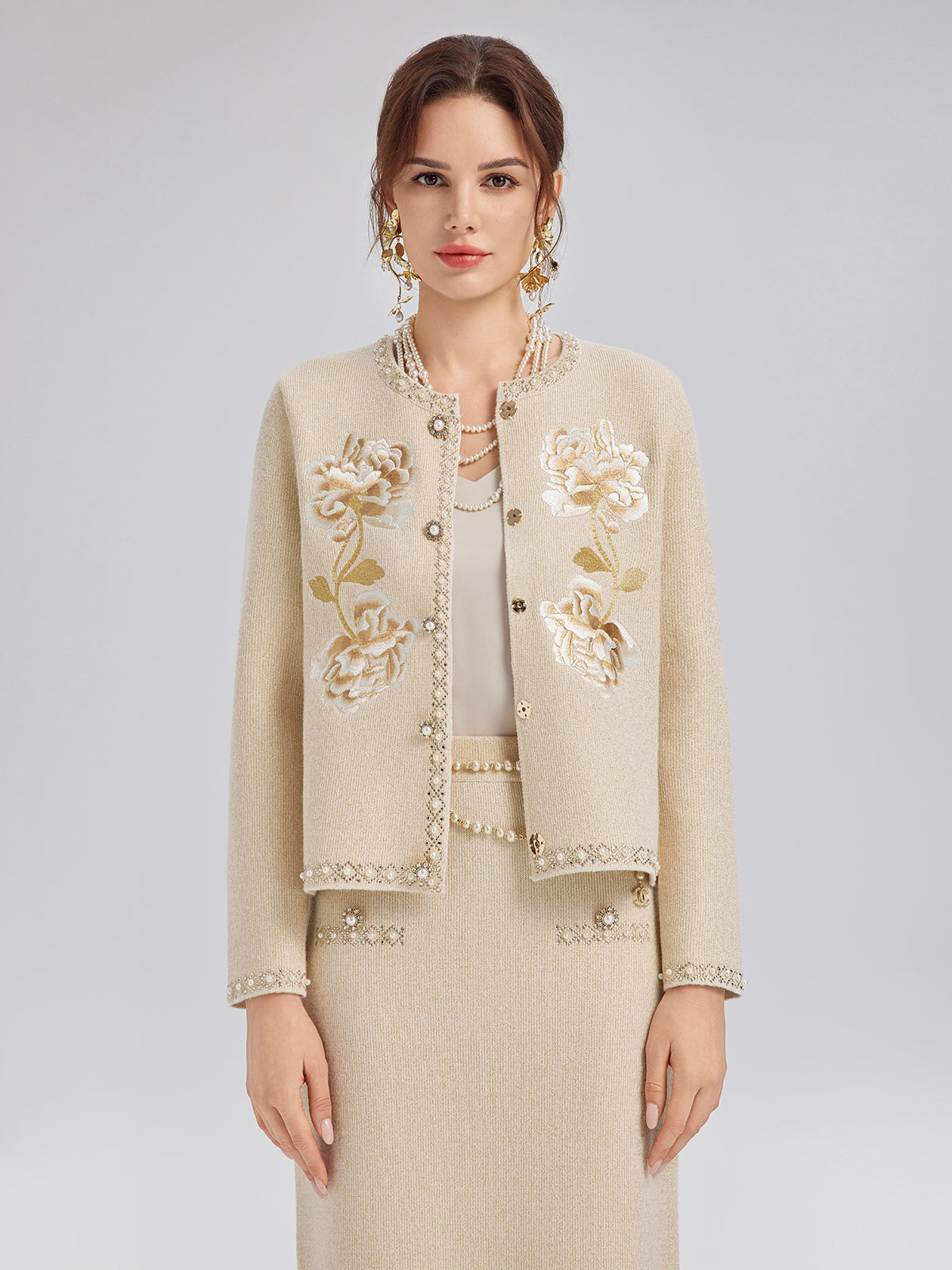 Rhinestone Beaded Embroidered Knit Cardigan