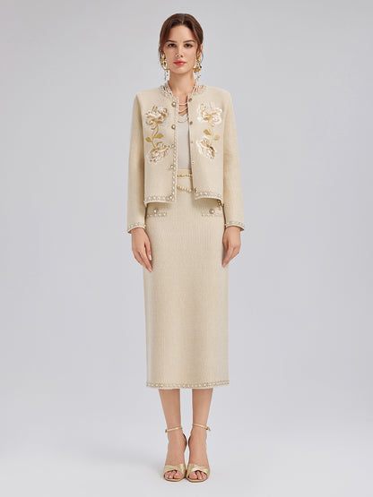 Rhinestone Beaded Embroidered Knit Cardigan