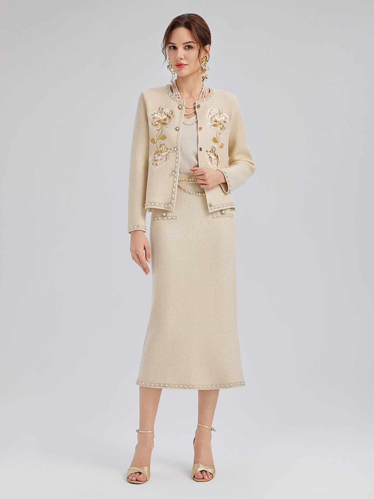 Rhinestone Beaded Embroidered Knit Cardigan