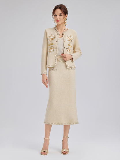 Rhinestone Beaded Embroidered Knit Cardigan