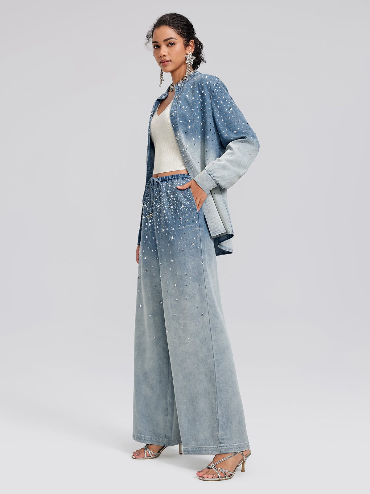 Ombre Washed Rhinestone Stand-Collar Denim Jacket