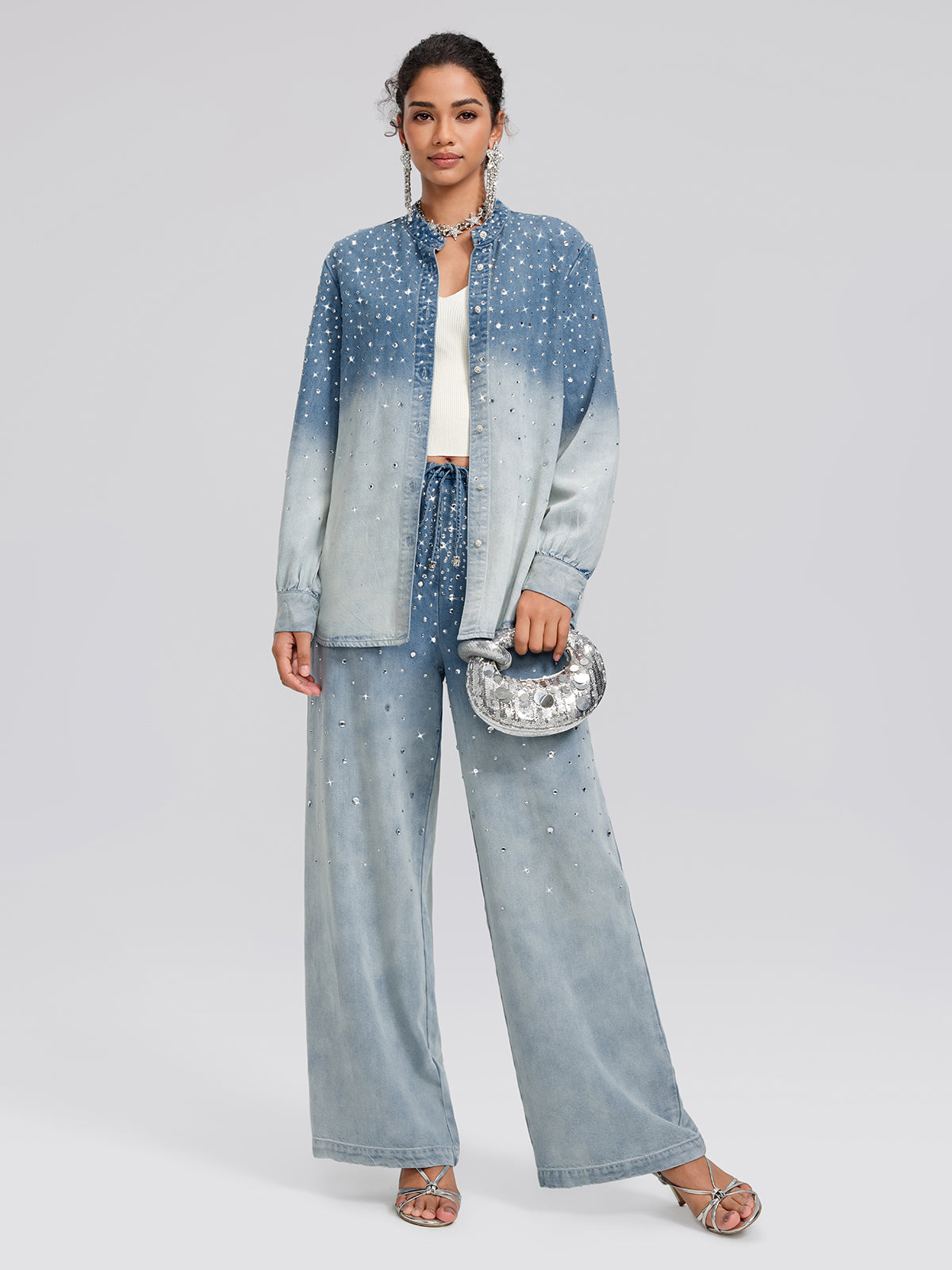 Ombre Washed Rhinestone Stand-Collar Denim Jacket