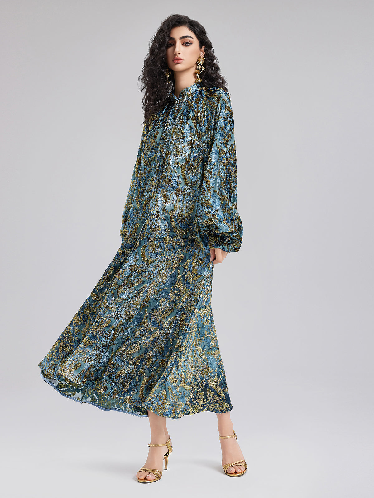 Gold Burnt Floral Velvet Stand Collar Dress