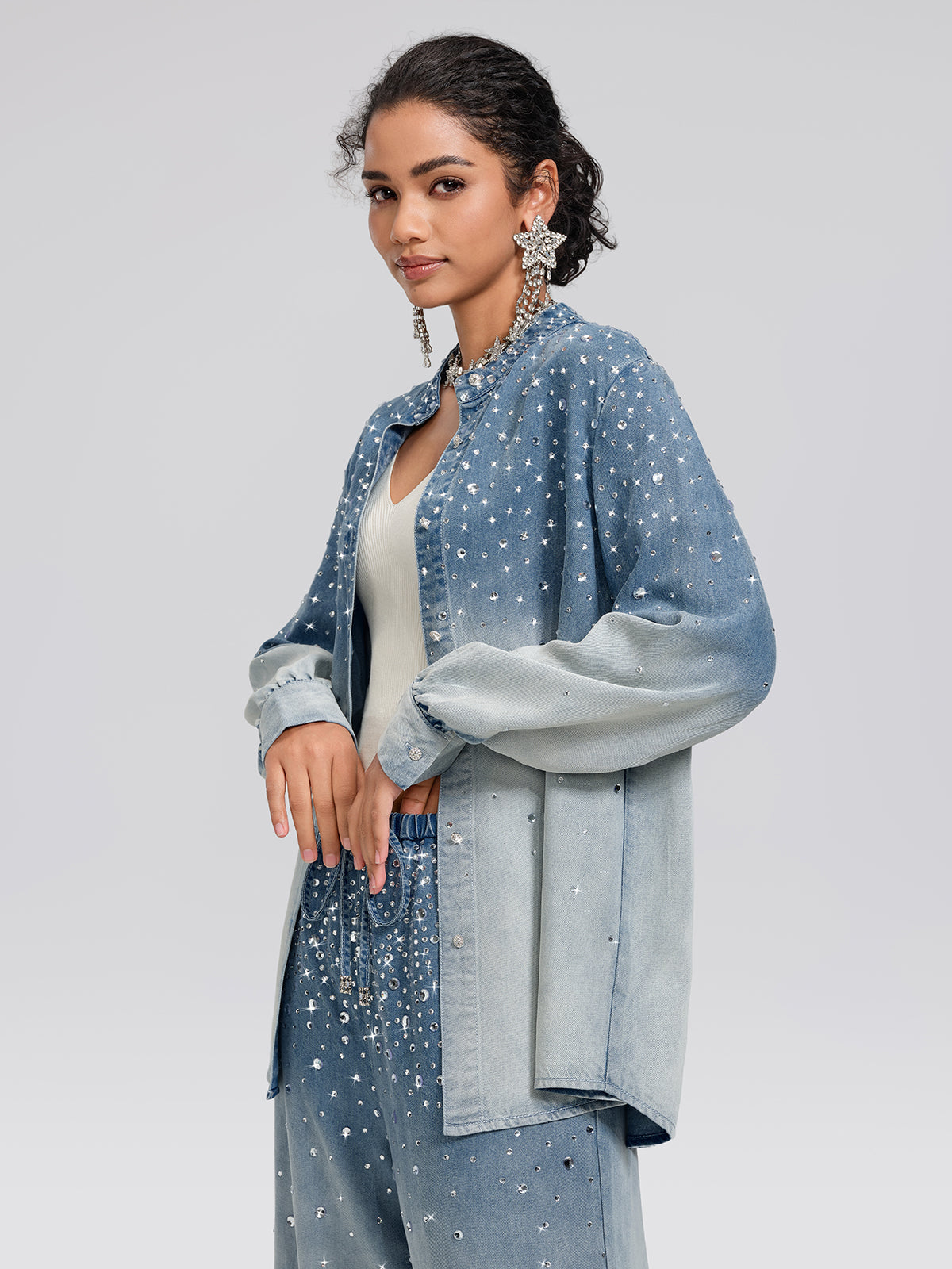 Ombre Washed Rhinestone Stand-Collar Denim Jacket