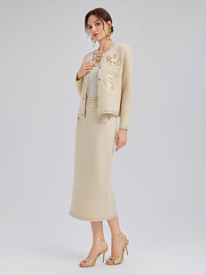 Rhinestone Beaded Embroidered Knit Cardigan