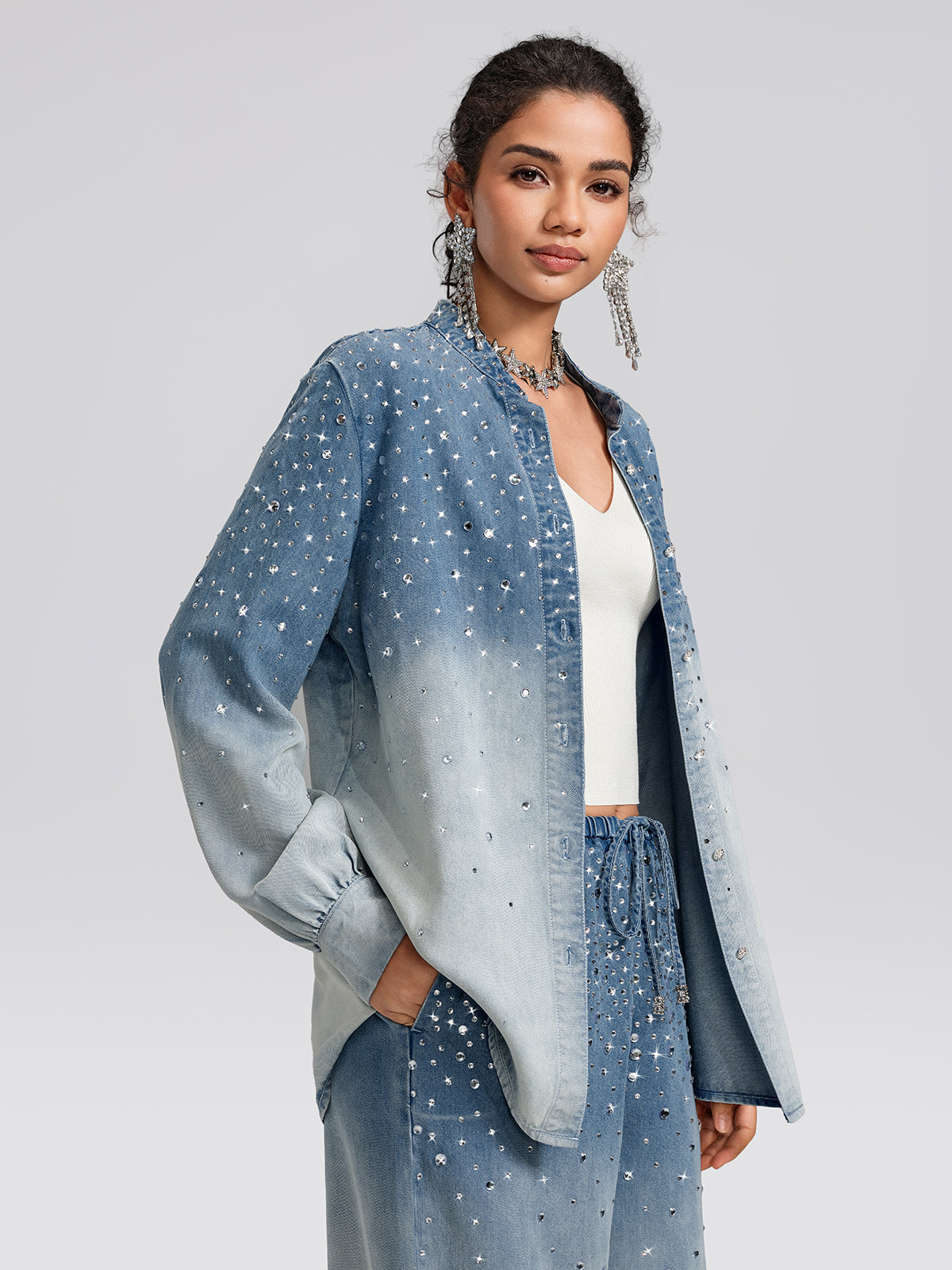 Ombre Washed Rhinestone Stand-Collar Denim Jacket