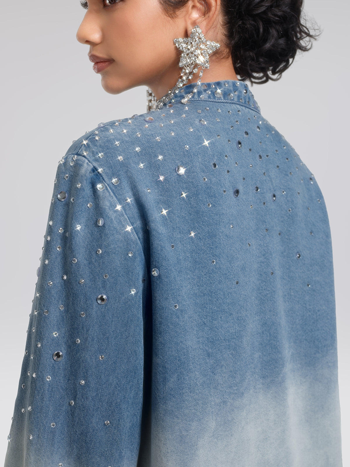 Ombre Washed Rhinestone Stand-Collar Denim Jacket