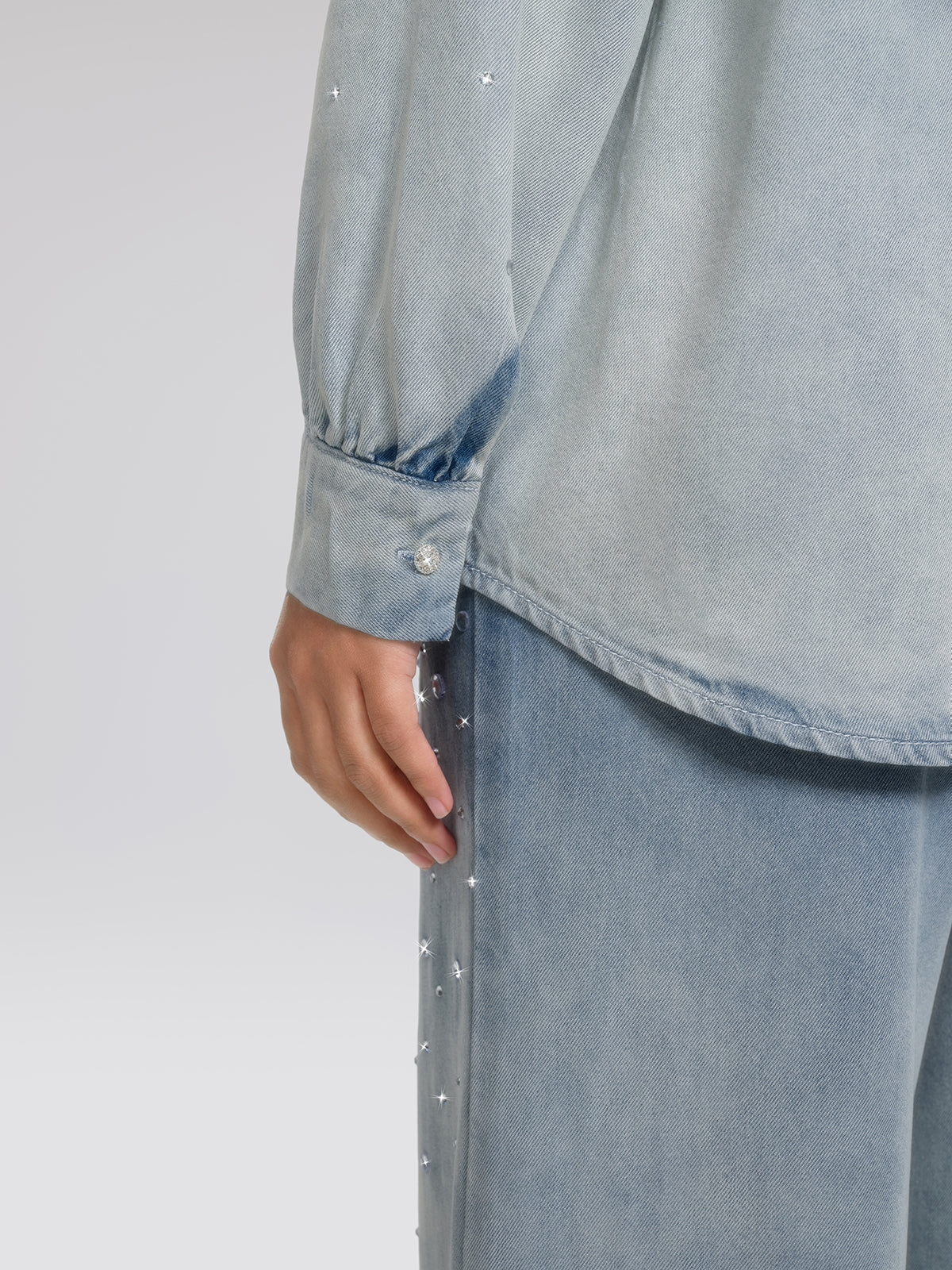 Ombre Washed Rhinestone Stand-Collar Denim Jacket
