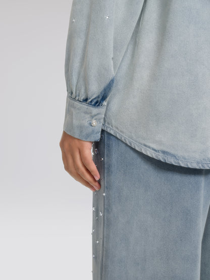 Ombre Washed Rhinestone Stand-Collar Denim Jacket