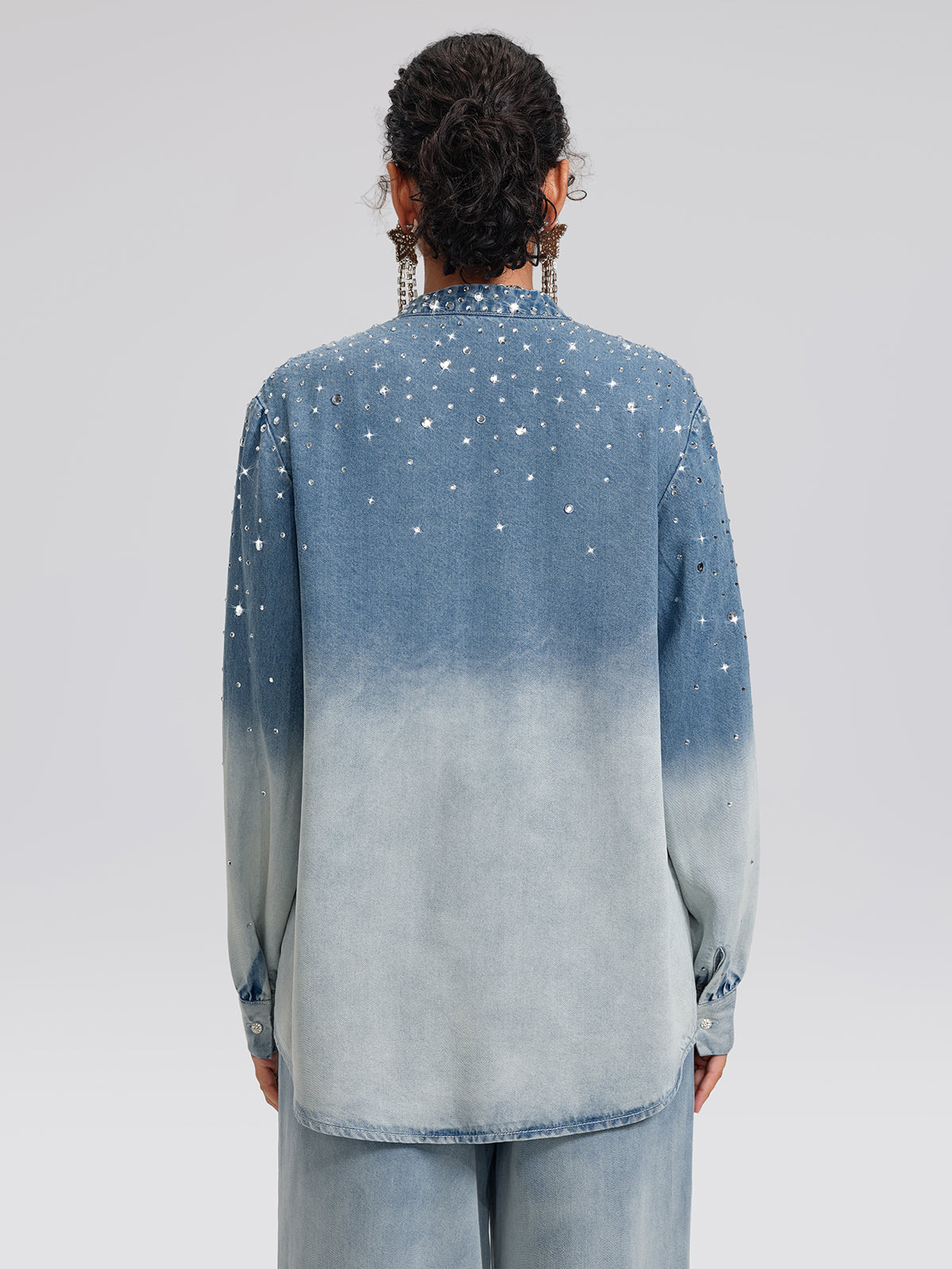 Ombre Washed Rhinestone Stand-Collar Denim Jacket