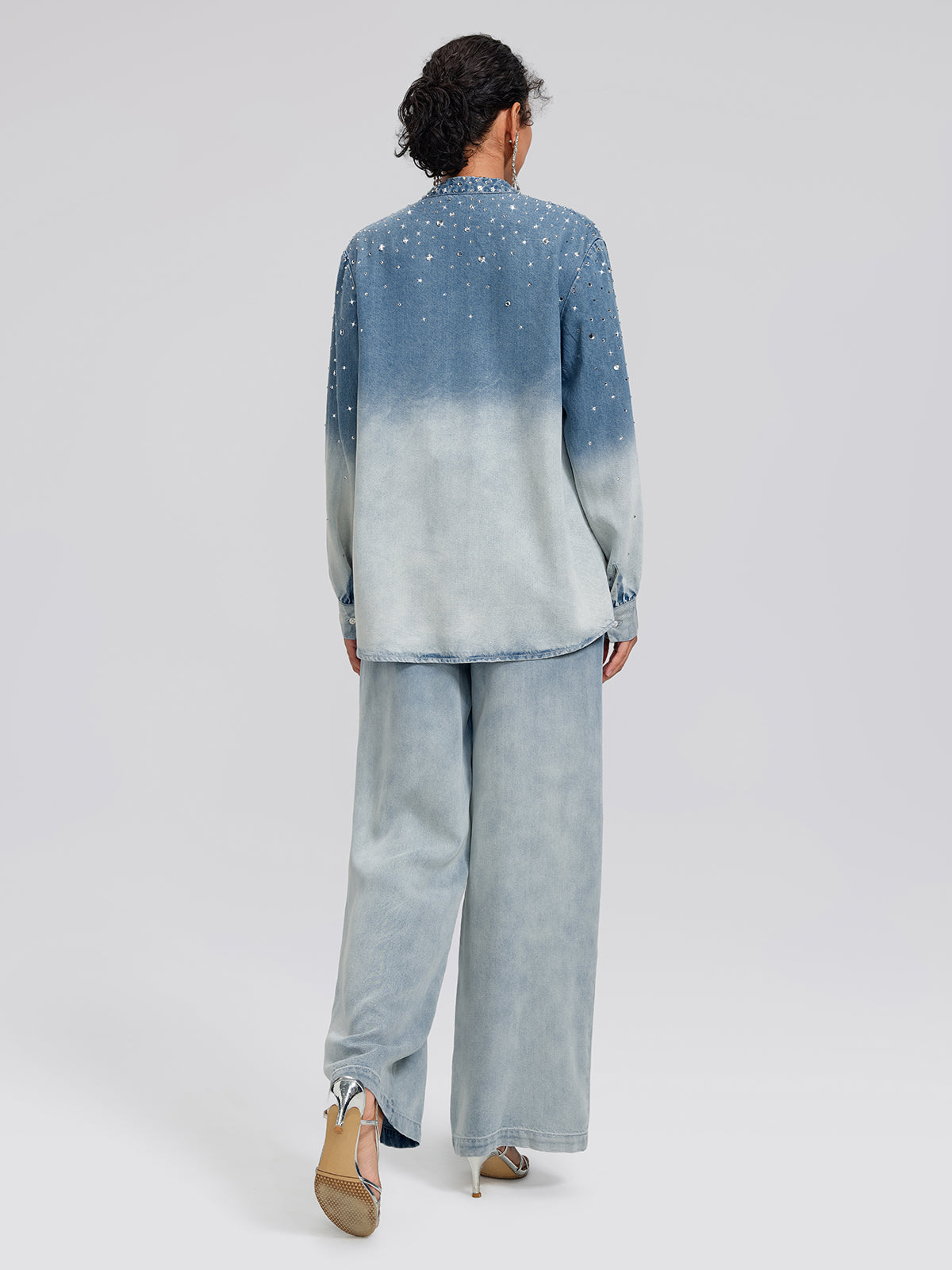 Ombre Washed Rhinestone Stand-Collar Denim Jacket