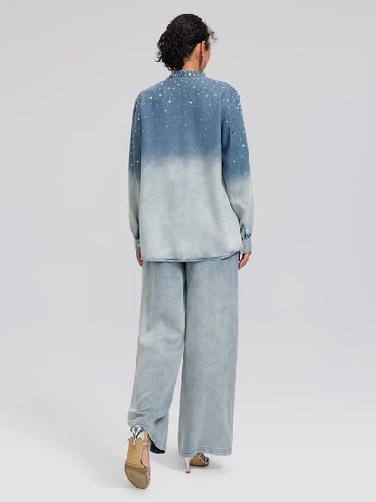 Ombre Washed Rhinestone Stand-Collar Denim Jacket