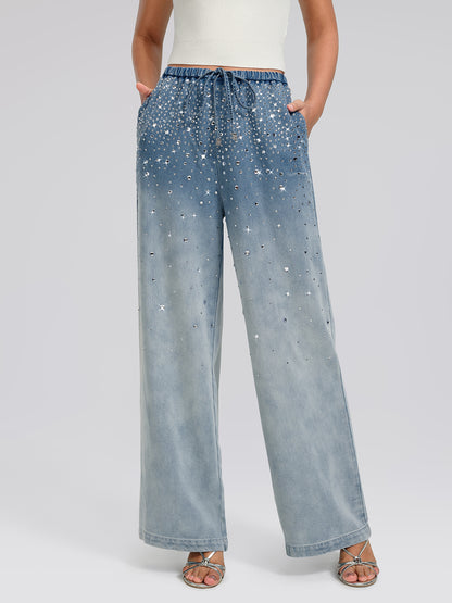 Ombre Washed Rhinestone Wide-Leg Jeans