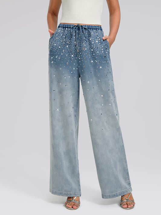 Ombre Washed Rhinestone Wide-Leg Jeans