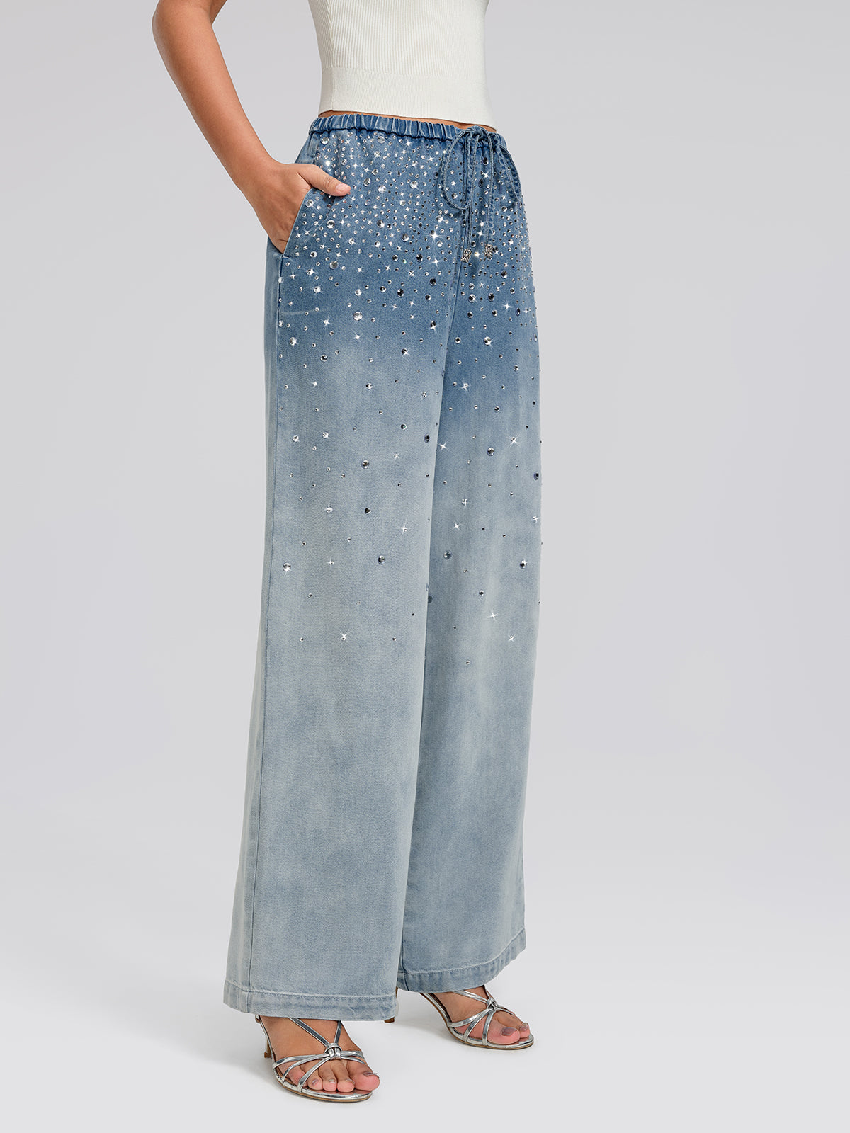 Ombre Washed Rhinestone Wide-Leg Jeans