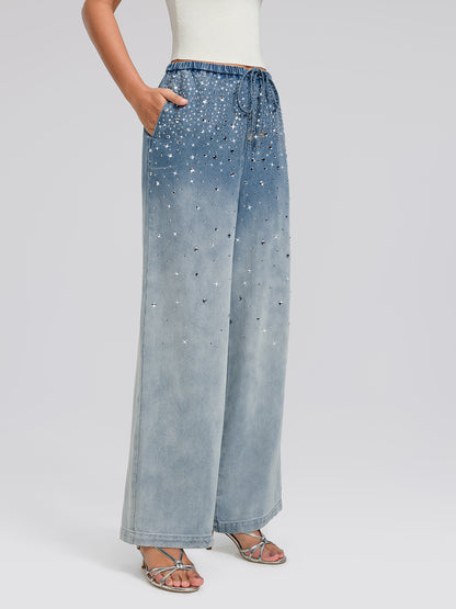 Ombre Washed Rhinestone Wide-Leg Jeans