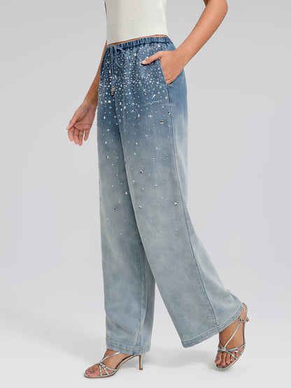 Ombre Washed Rhinestone Wide-Leg Jeans